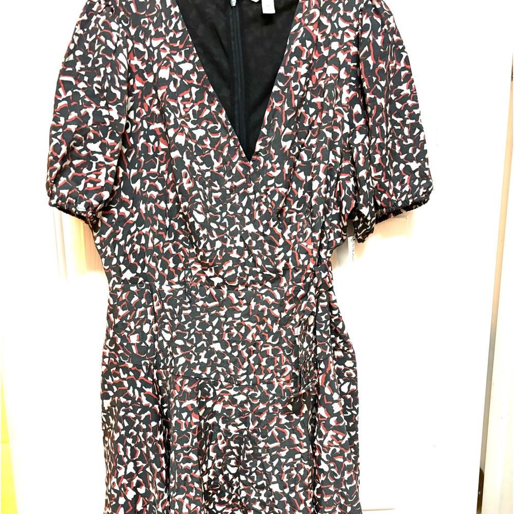 New Nine West Belted Abstract Brown Print Puff Sleeve Wrap Short Dress Size XL